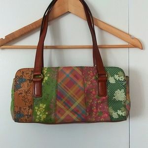 Fossil patchwork purse with zippered main pocket and two side pockets